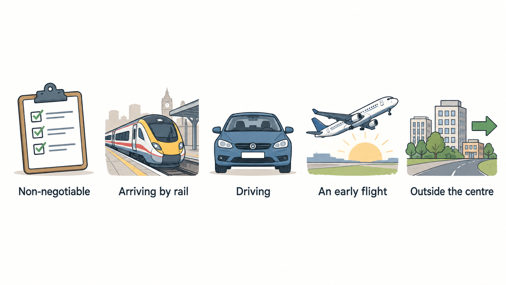 Show one horizontal row of four simple icons labelled “arrival point”, “places to reach”, “latest return time” and “parking”.