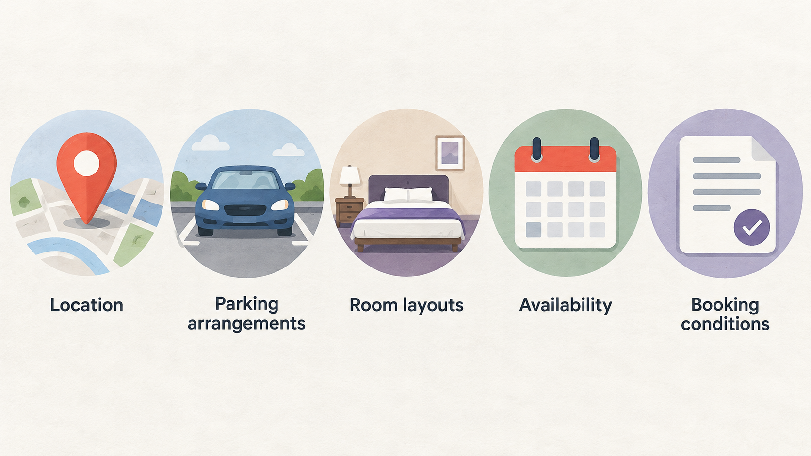 Show one row of five icons labeling the checks the section says to compare: “Location”; “Total cost”; “Room type”; “Parking”; “Cancellation terms.”