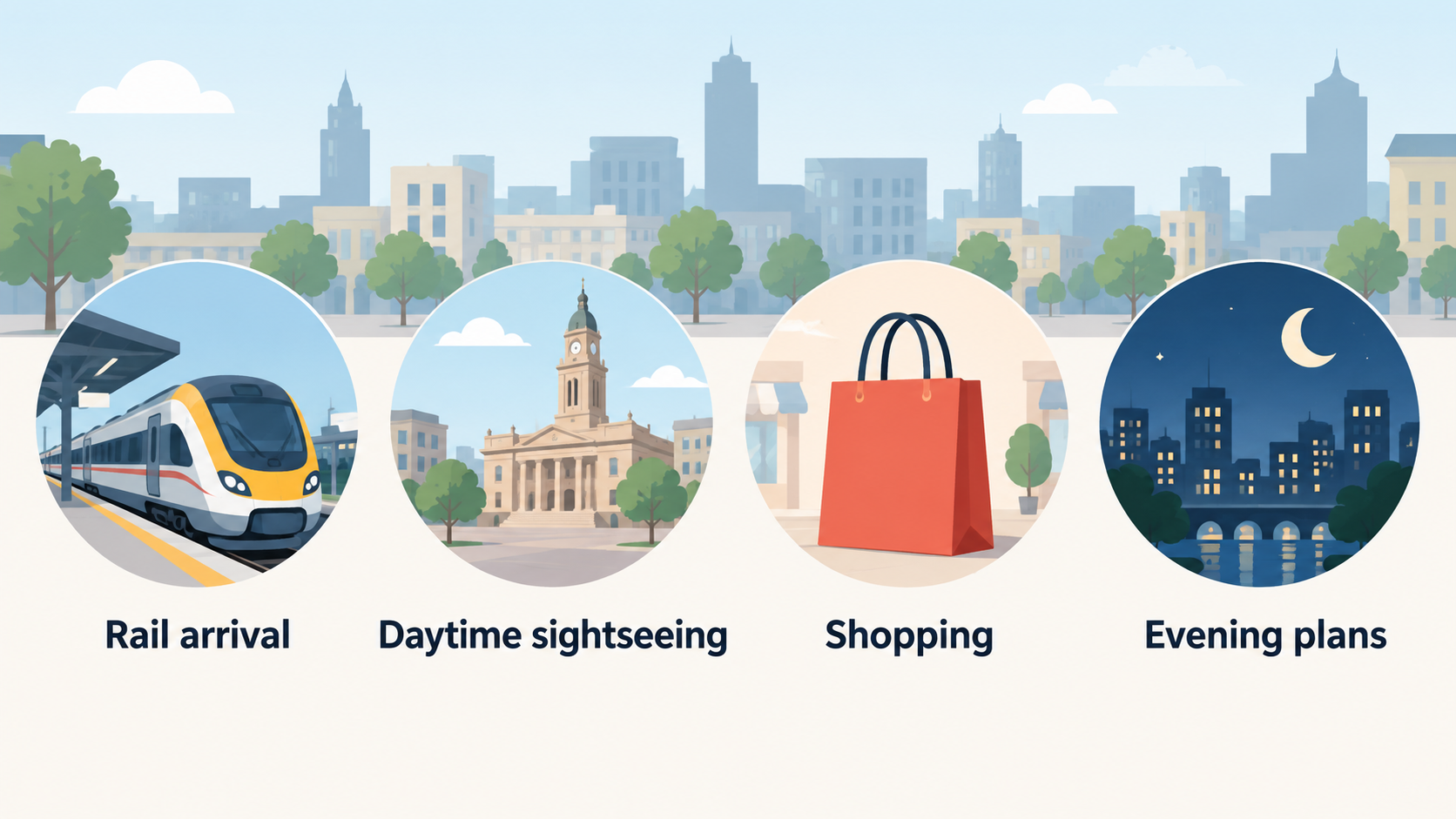 Show one horizontal row of four simple icons labelled “station exit”, “walking route”, “after-dark comfort” and “breakfast, parking or late arrival”.