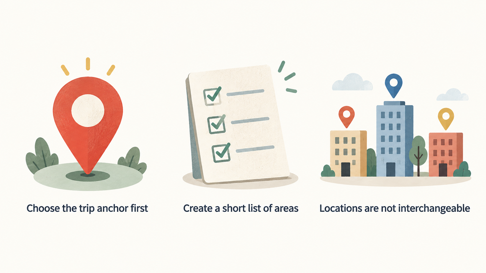 A numbered checklist of the section’s three stated steps: choose the trip anchor, create a short list of areas, and compare only two or three locations that fit.