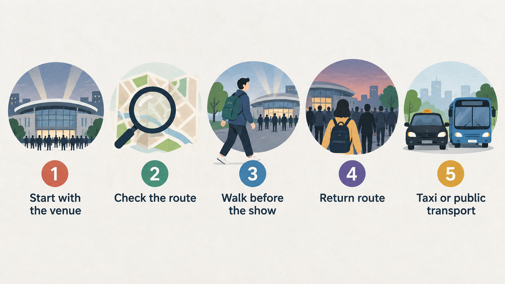 Show a numbered checklist with five steps: “Start with the venue”, “Check the walk to the venue”, “Check the return route”, “Consider taxi or public transport” and “Check the