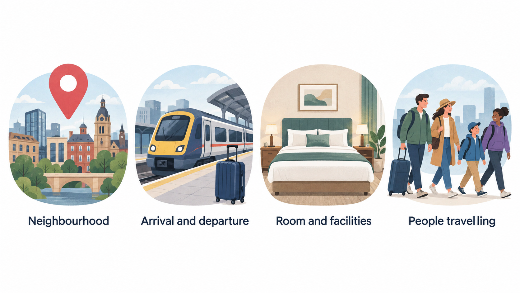 Show one horizontal row of three simple icons labelled “neighbourhood”, “journey” and “room and facilities”.